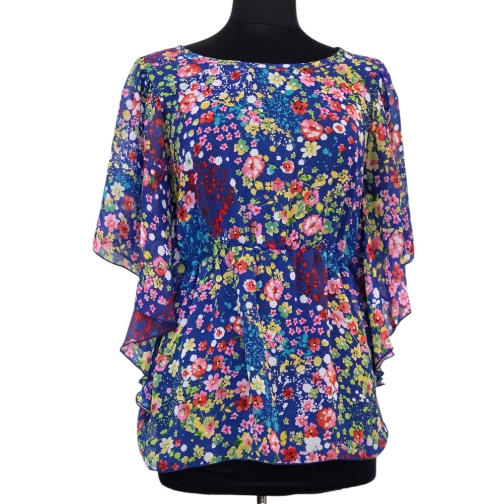 Love Notes Sheer Floral Romantic Top Blouse Batwing Sleeves Flower Power Size M